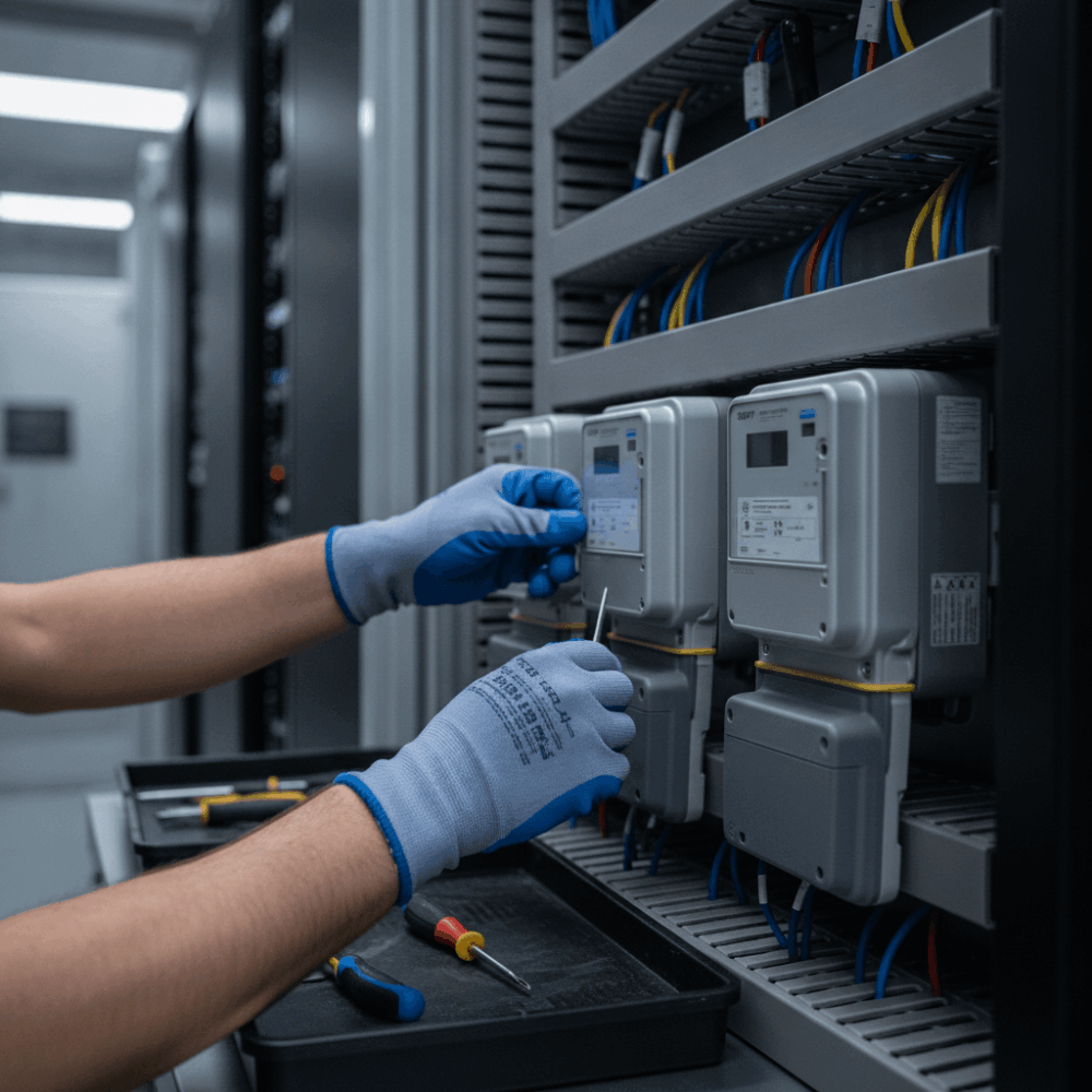 Technicien installant des compteurs électriques intelligents dans local technique pour individualisation des frais de chauffage