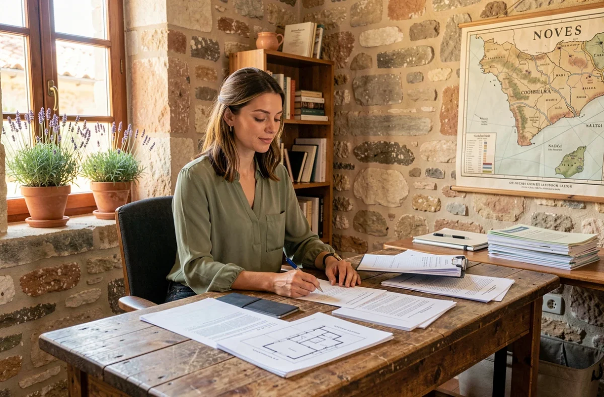 Gestionnaire d'Accent Immobilier dans un bureau provençal à Noves étudiant un dossier de copropriété