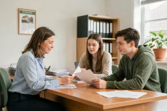 Conseillère en logement accompagnant un couple dans leurs démarches d'accès au logement pérenne dans un bureau associatif