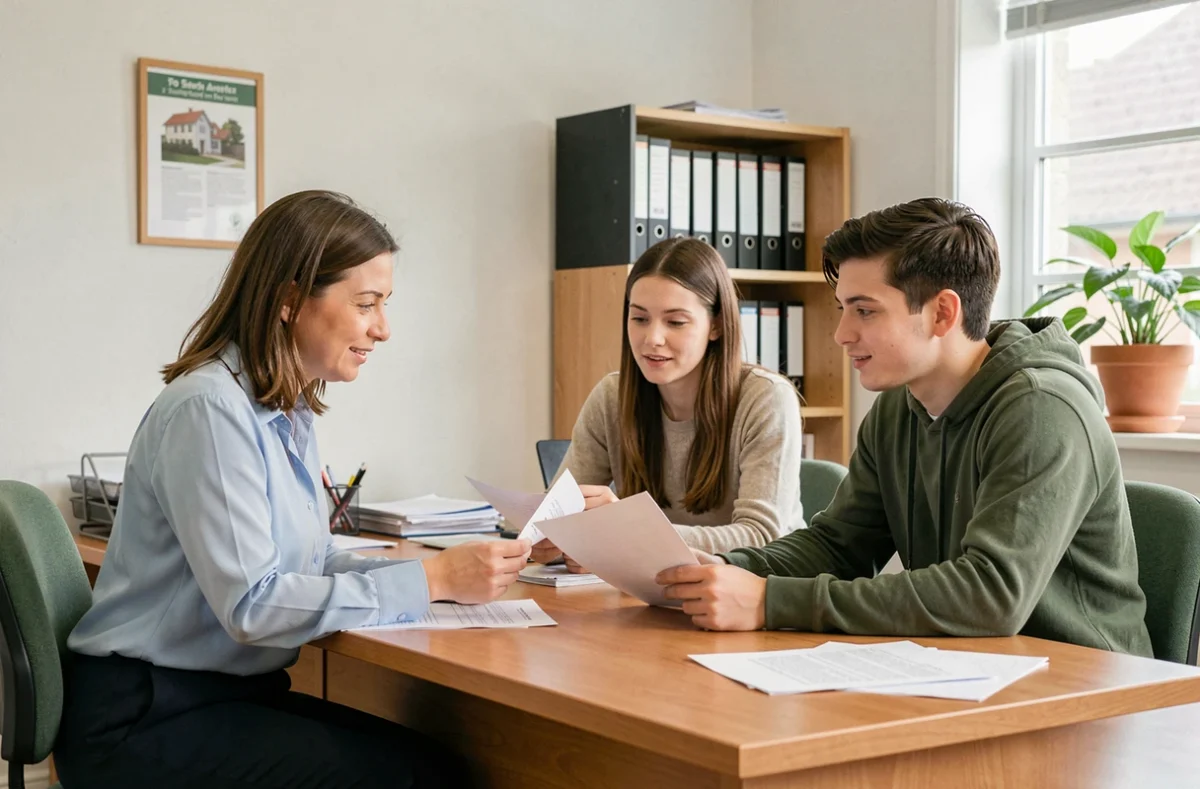 Conseillère en logement accompagnant un couple dans leurs démarches d'accès au logement pérenne dans un bureau associatif