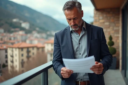 Homme consultant des documents immobiliers sur un balcon avec vue sur Andorre-la-Vieille et les montagnes des Pyrénées