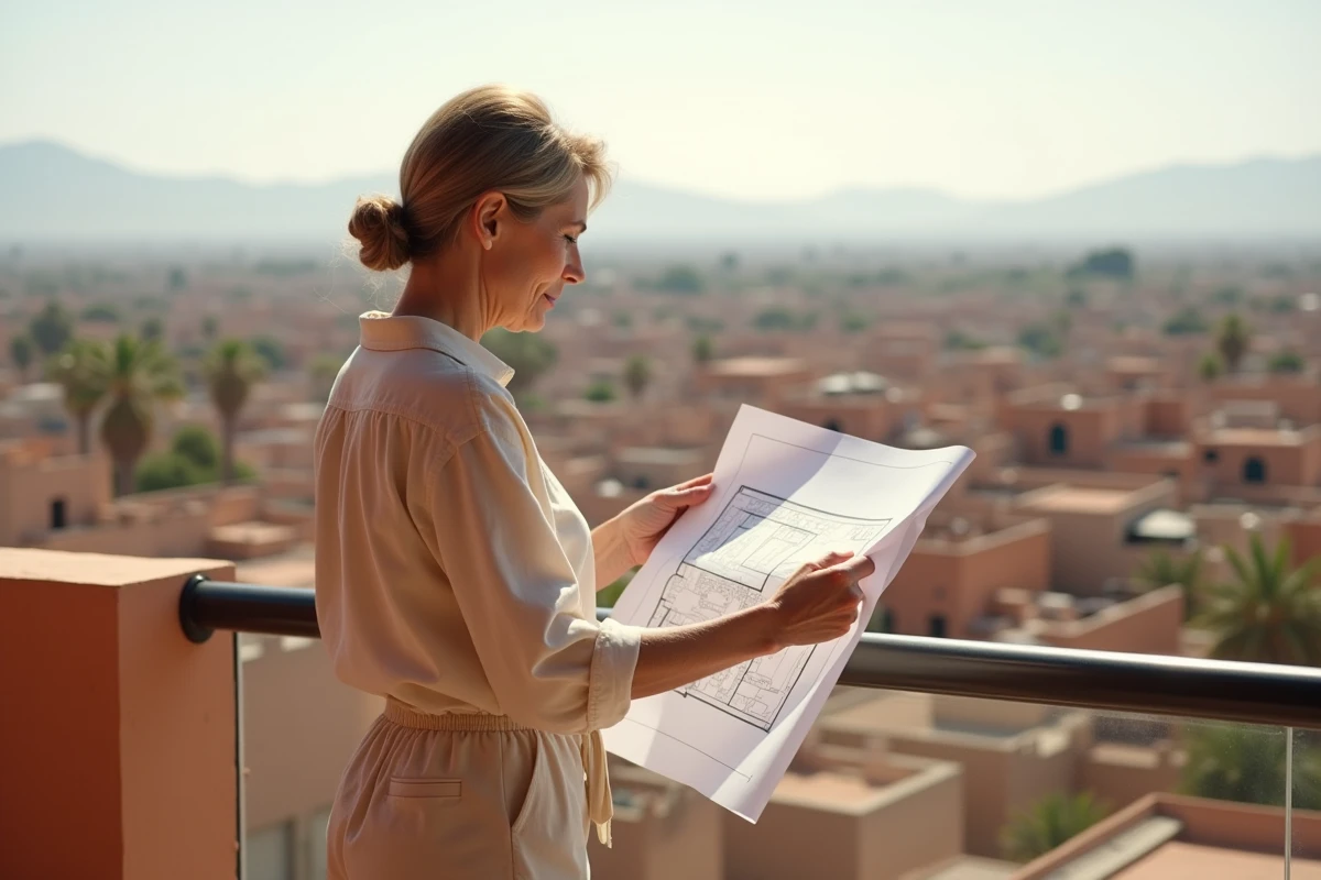 Femme étudiant un plan d'appartement sur un balcon avec vue panoramique sur les toits de Marrakech