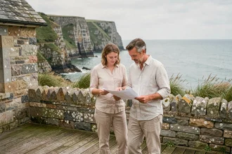 Couple examinant des plans immobiliers sur la terrasse d'une maison en pierre normande avec vue sur la mer