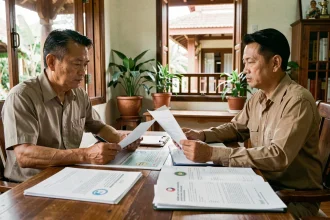 Un homme thaïlandais et un étranger occidental examinent des documents de propriété immobilière en Thaïlande dans un bureau juridique