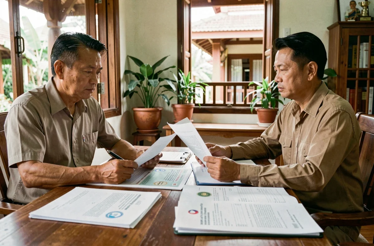 Un homme thaïlandais et un étranger occidental examinent des documents de propriété immobilière en Thaïlande dans un bureau juridique