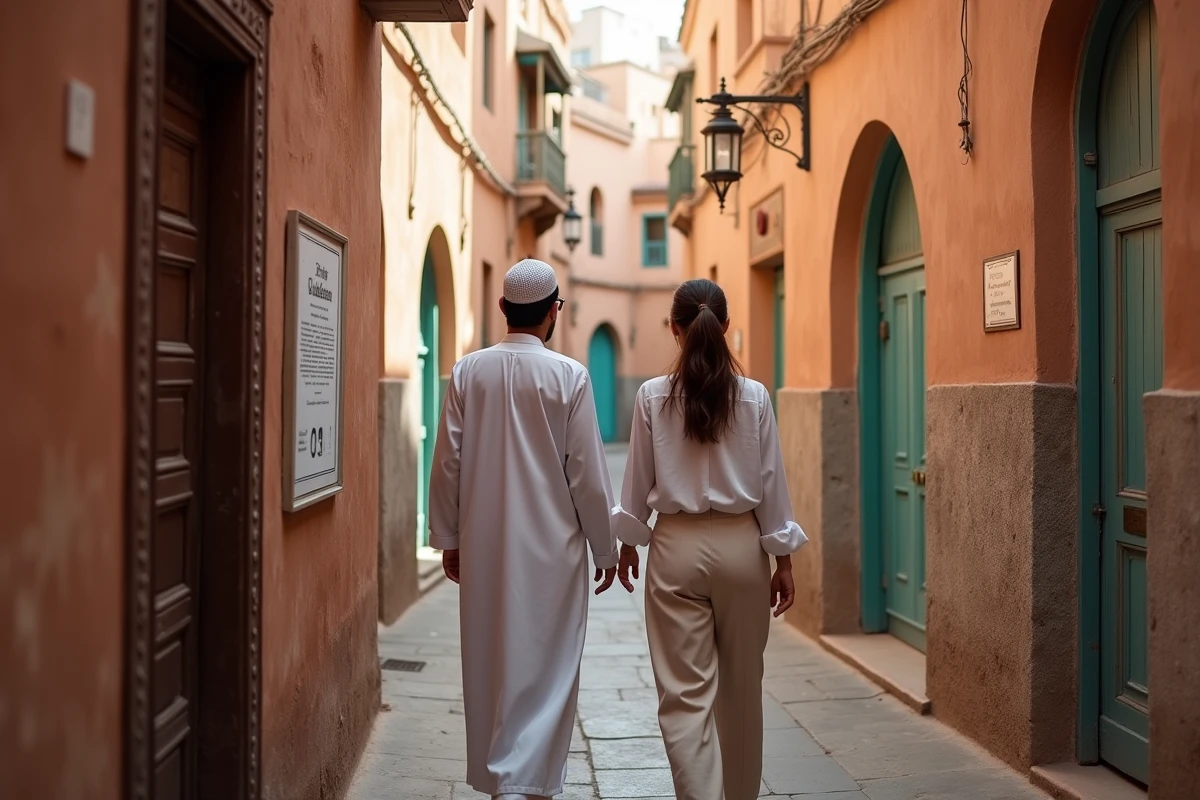 Couple examinant une annonce immobilière de riad dans une ruelle de la médina de Marrakech