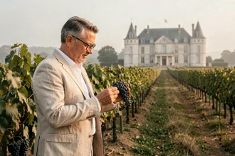 Acheteur potentiel inspectant des vignes matures dans un domaine viticole à vendre près de Bordeaux