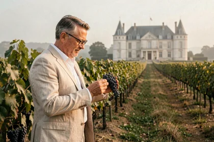 Acheteur potentiel inspectant des vignes matures dans un domaine viticole à vendre près de Bordeaux