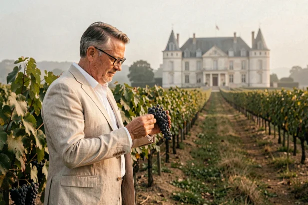 Acheteur potentiel inspectant des vignes matures dans un domaine viticole à vendre près de Bordeaux