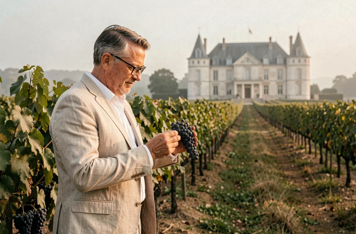 Acheteur potentiel inspectant des vignes matures dans un domaine viticole à vendre près de Bordeaux