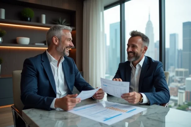 Un acheteur haut de gamme examine un rapport d'estimation immobilière avec un agent dans un bureau de luxe moderne