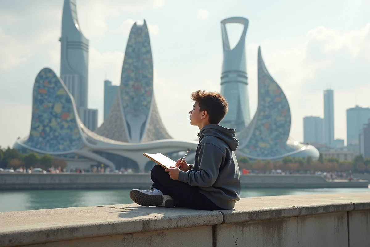 Adolescent dessinant le skyline de la cité Picasso