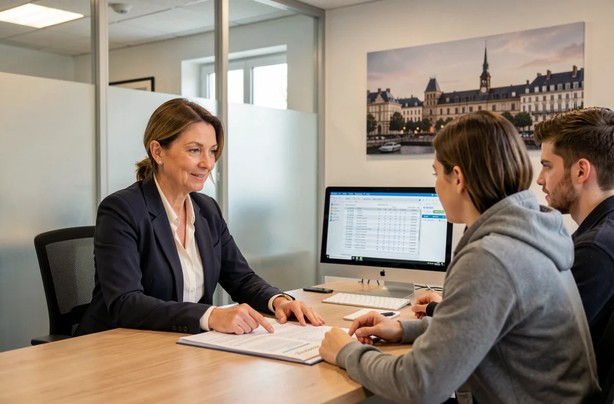 Conseillère en assurance présentant un contrat habitation à des clients dans une agence à Amiens