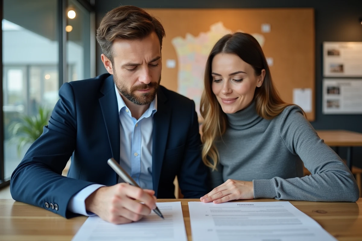 Agent immobilier et locataire examinant un contrat de location dans une agence du Bas-Rhin à Strasbourg