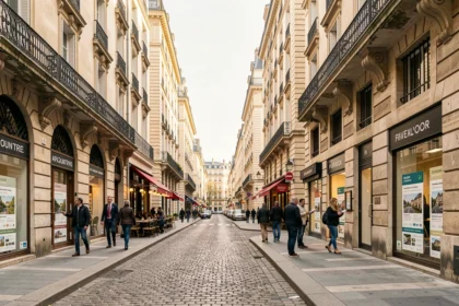 Vue grand angle d'une rue lyonnaise avec des vitrines d'agences immobilières et des immeubles haussmanniens typiques de la Presqu'île