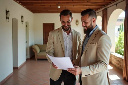 Agent immobilier marocain présentant des documents à un couple dans un appartement à vendre à Marrakech avec sol en zellige