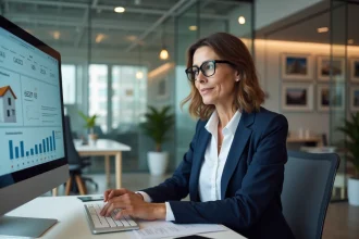 Agent immobilière analysant des données d'estimation sur un logiciel immobilier professionnel dans une agence moderne