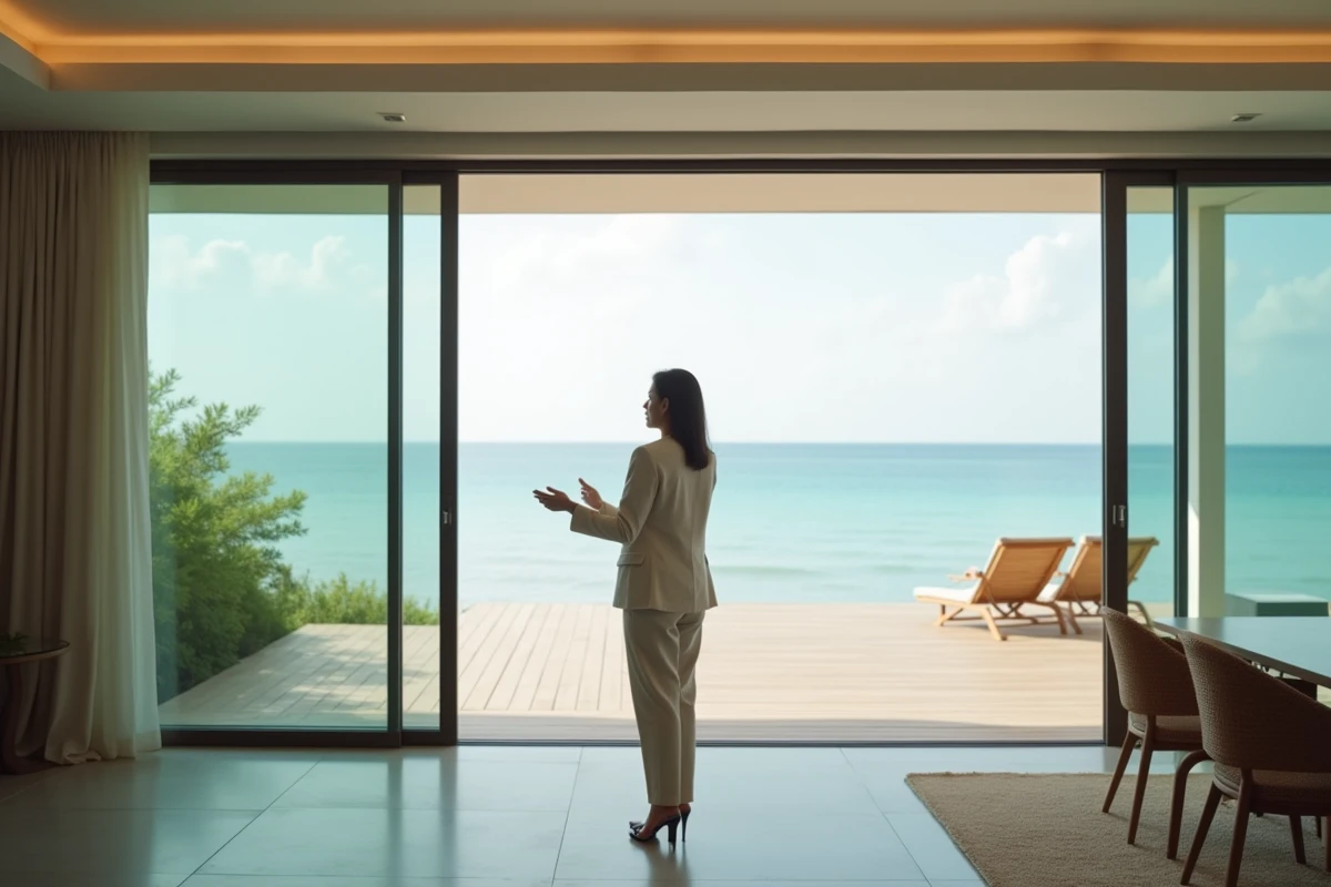 Agent immobilière thaïlandaise présentant une propriété en bord de mer avec vue sur le golfe de Thaïlande