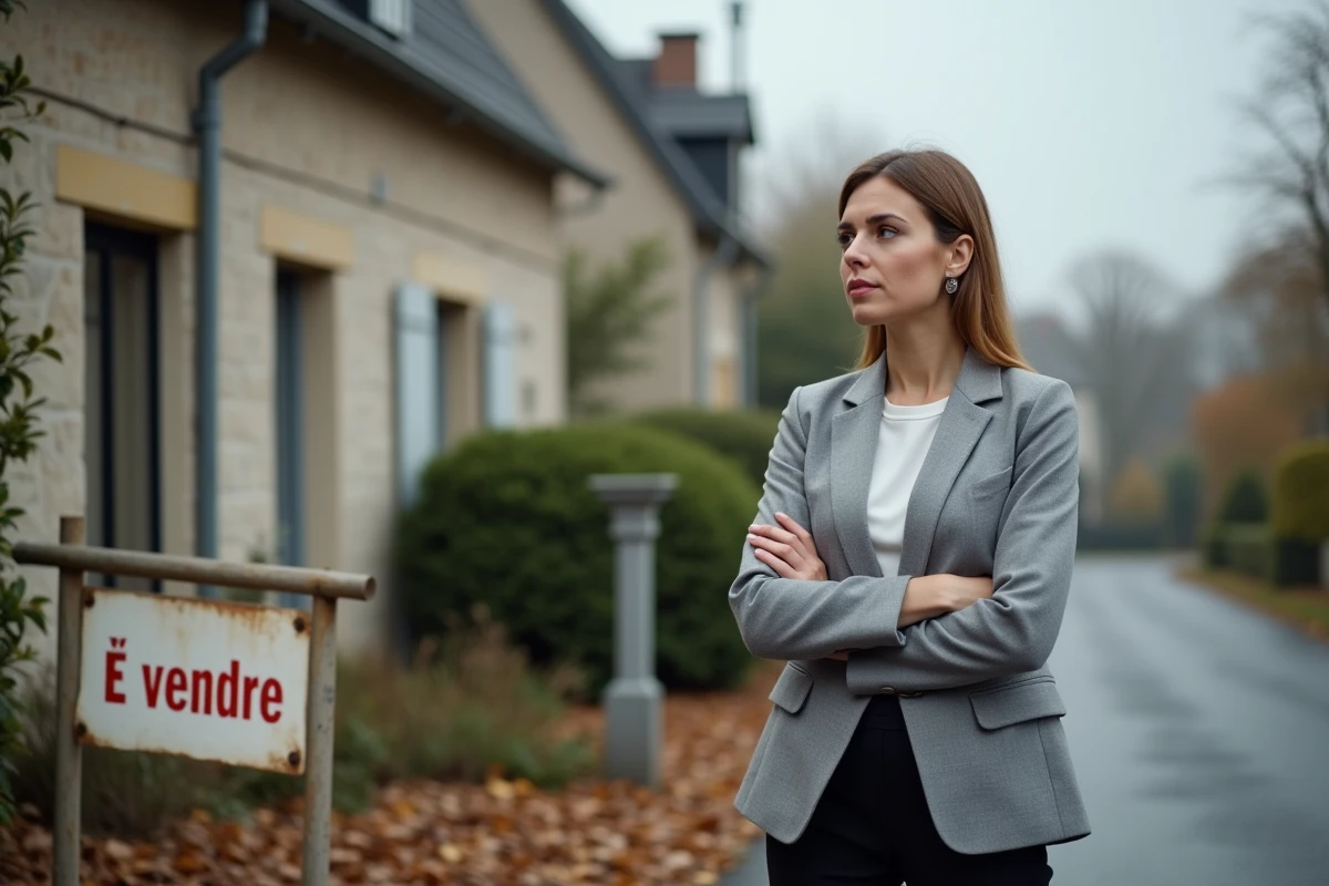 Agent immobilier devant une maison à vendre avec panneau À Vendre, illustrant un mandat exclusif qui stagne depuis plusieurs mois