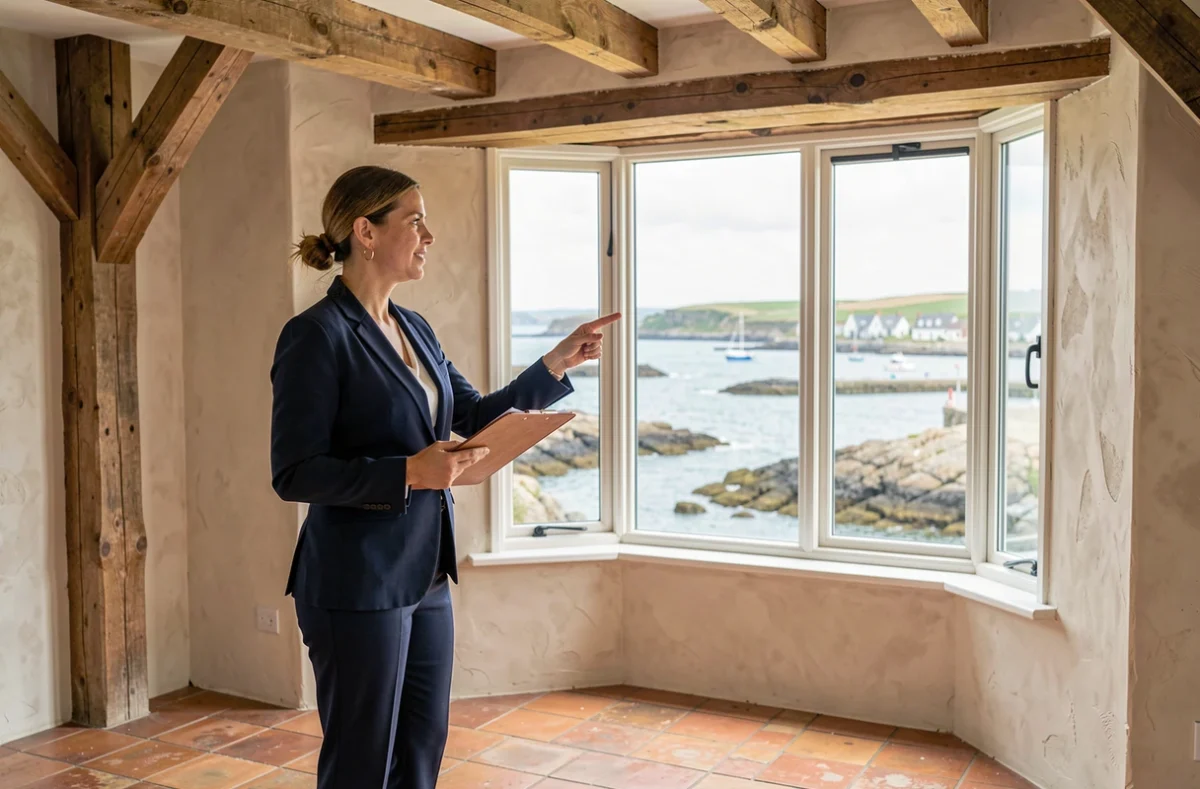 Agent immobilière présentant un bien en Normandie avec vue panoramique sur le littoral normand