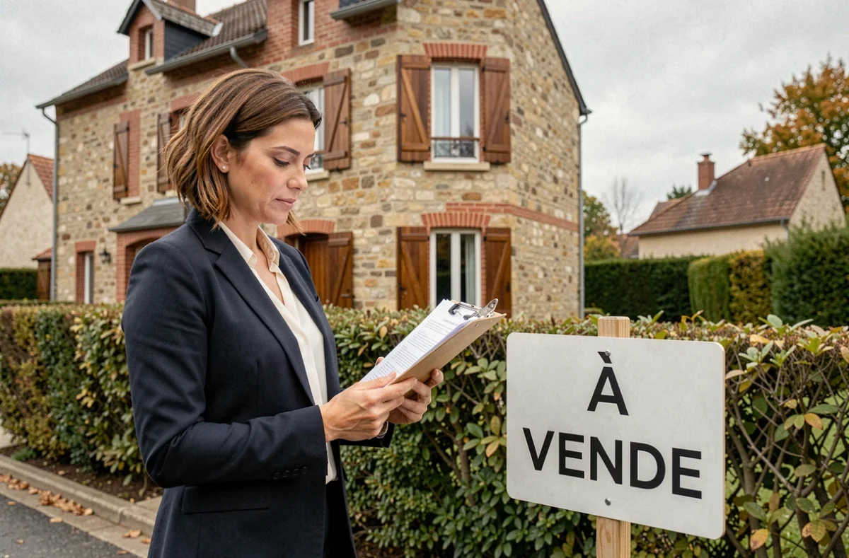 Agent immobilier devant un pavillon à vendre en Seine-et-Marne dans le cadre d'un divorce, avec panneau de vente dans le jardin