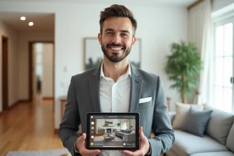 Agent immobilier souriant avec tablette en intérieur lumineux
