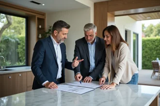 Agent immobilier avec couple dans une villa moderne