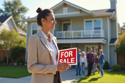 Agent immobilier avec panneau rouge devant maison moderne