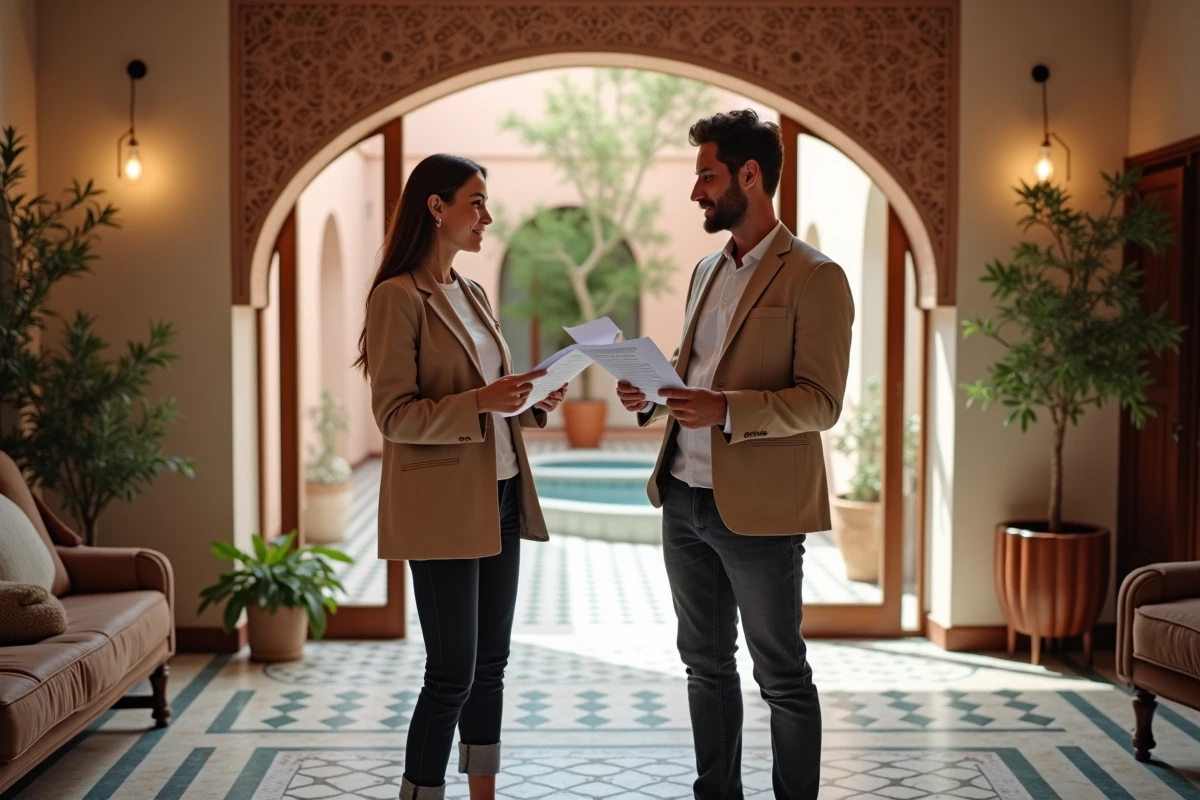 Agent immobilier présentant une petite villa à vendre à Marrakech à un couple d'acheteurs dans un salon de style riad