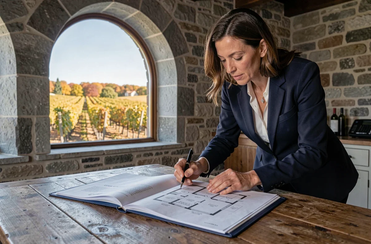 Analyse des documents de vente d'une propriété viticole dans le bureau d'un château bordelais