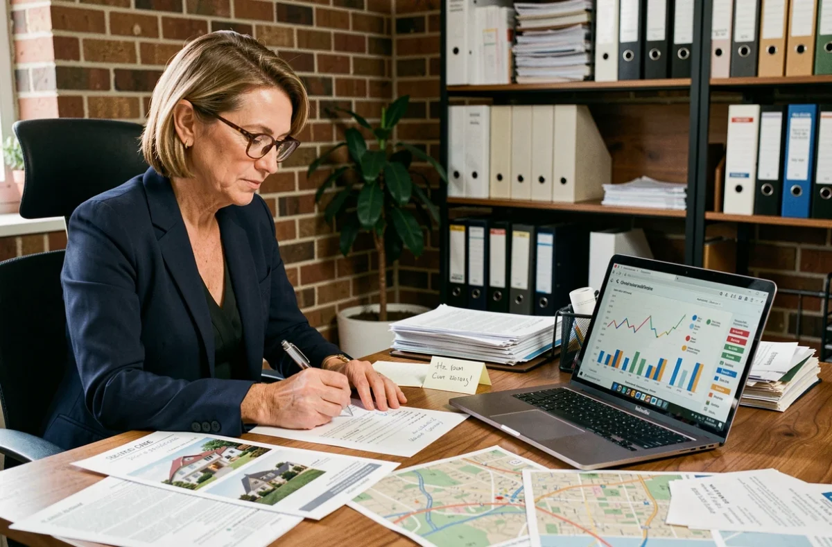 Professionnelle de l'immobilier analysant des données de marché local avec des documents et cartes sur son bureau