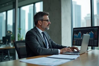 Analyste énergie en costume gris étudiant les indices de prix de l'électricité BT47 sur ordinateur portable dans un bureau moderne
