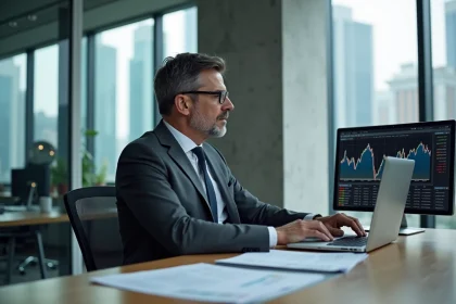 Analyste énergie en costume gris étudiant les indices de prix de l'électricité BT47 sur ordinateur portable dans un bureau moderne