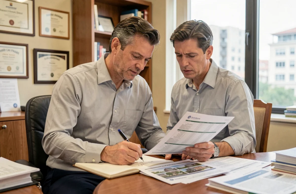 Homme consultant un annuaire de copropriété dans un bureau immobilier pour vérifier une résidence