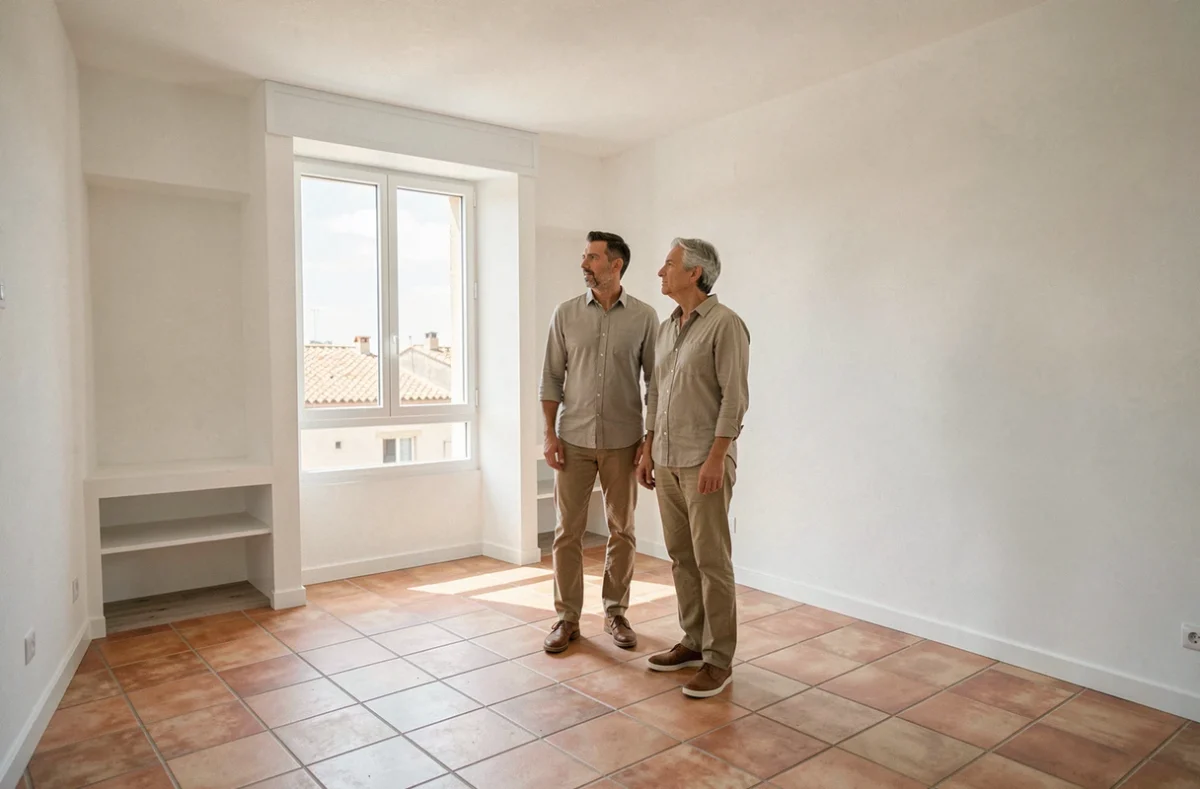 Couple visitant un appartement vide à louer à Béziers avec carrelage en terre cuite et fenêtre sur les toits