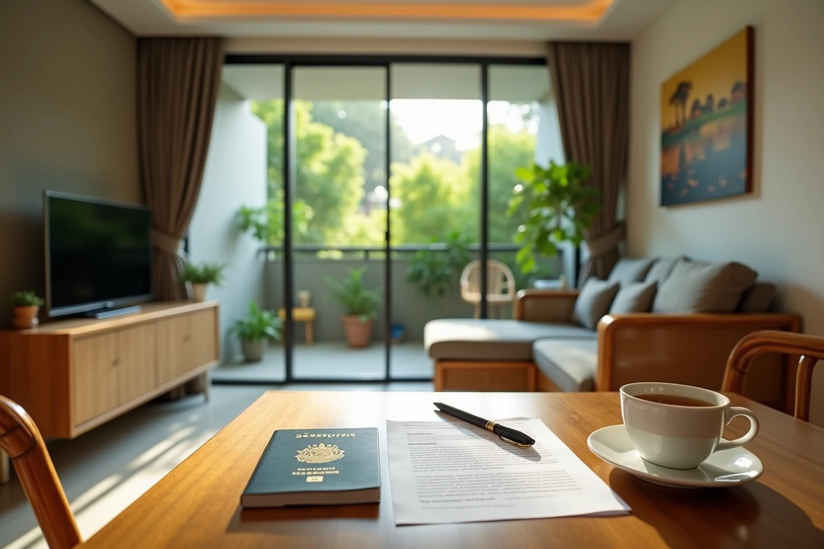 Intérieur d'un appartement meublé en Thaïlande avec un contrat de bail local et un passeport étranger posés sur la table