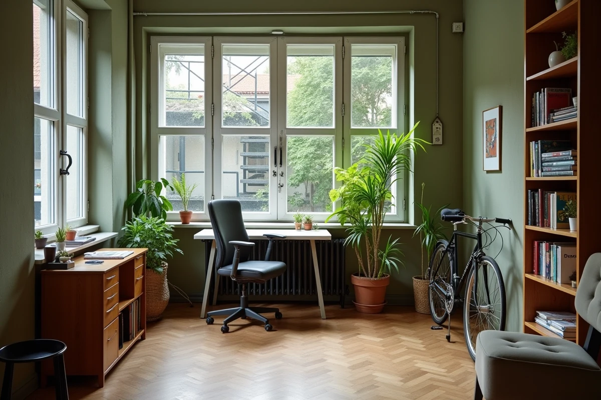 Intérieur d'un appartement meublé pour location longue durée à Neukölln Berlin, avec bureau ergonomique, vélo et vue sur cour intérieure berlinoise