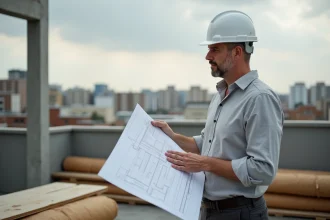 Architecte examinant des plans sur le toit d'un immeuble résidentiel en construction durable en milieu urbain