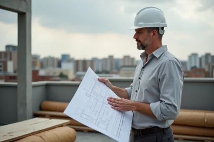 Architecte examinant des plans sur le toit d'un immeuble résidentiel en construction durable en milieu urbain