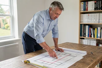 Architecte étudiant les plans d'agrandissement d'une maison avec les distances de limite de propriété marquées en rouge