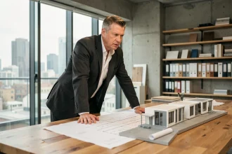 Architecte d'une quarantaine d'années étudiant des maquettes de logements intelligents dans un studio de design contemporain avec vue sur la ville