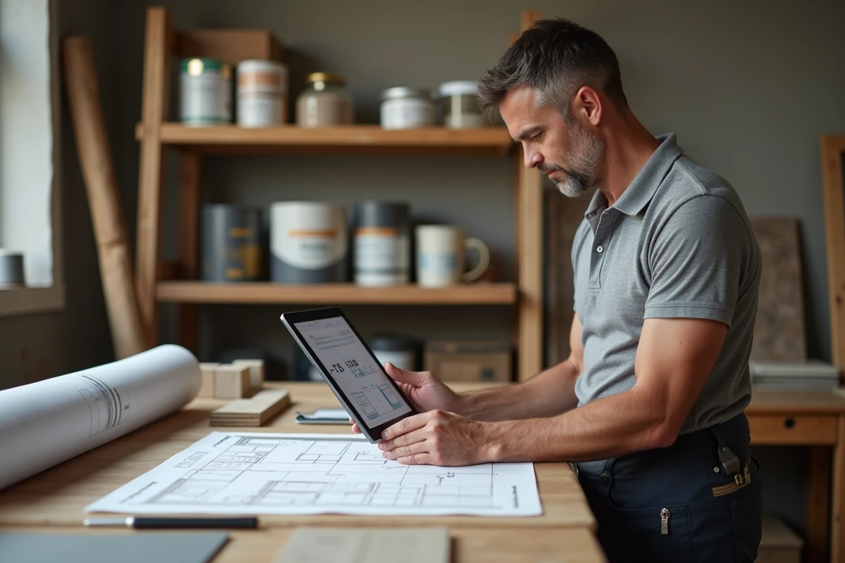 Artisan entrepreneur utilisant une calculatrice m2 sur tablette pour estimer les matériaux de chantier