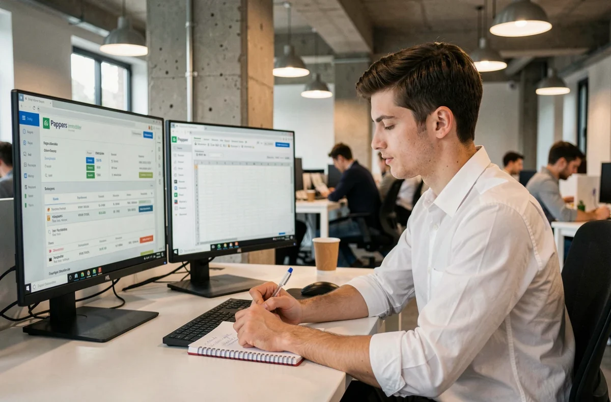 Assistant juridique prenant des notes à partir de recherches immobilières sur Pappers dans un open space professionnel