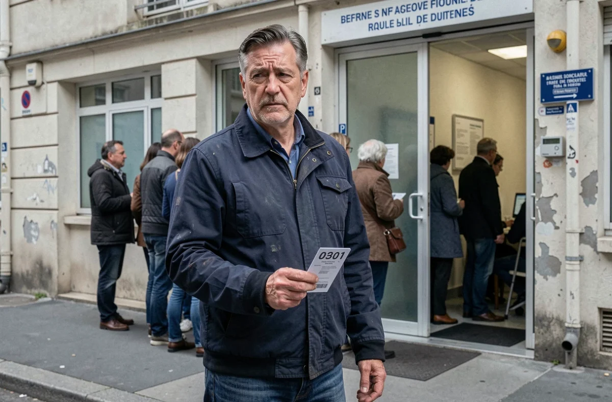 Homme attendant devant un bureau de logement social à Paris avec un ticket numéroté à la main