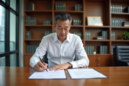 Avocat thaïlandais vérifiant les documents légaux d'achat d'un condo à Bangkok