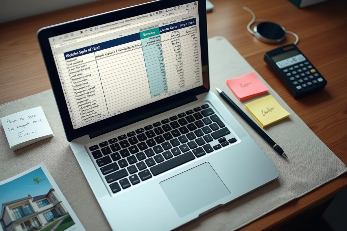 Vue aérienne d'un bureau avec un fichier Excel de simulation viager ouvert, entouré de documents immobiliers et d'une calculatrice