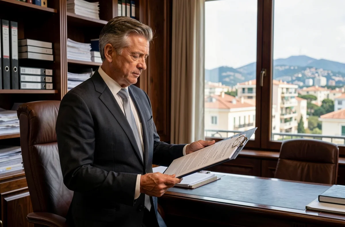 Expert du Cabinet D. Nardi examinant des documents de copropriété dans un bureau formel à Nice