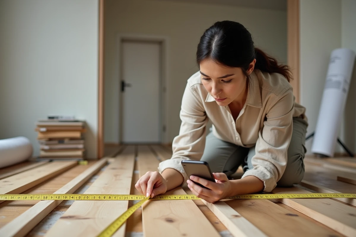 Femme mesurant la surface d'un parquet en rénovation avec une calculatrice en m2 sur smartphone