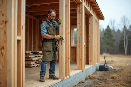 Charpentier mesurant les panneaux d'ossature bois sur un chantier de maison en construction, coût au m2 autoconstruction