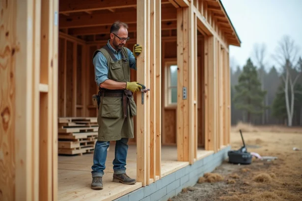 Charpentier mesurant les panneaux d'ossature bois sur un chantier de maison en construction, coût au m2 autoconstruction